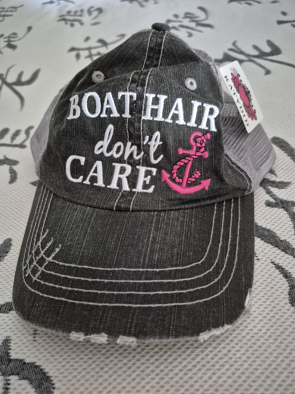 Katydid Black Trucker Hat with Pink Anchor Embroidery